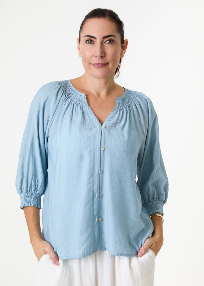 Textured Stripe Shirred Neck Button Through Blouse - Denim Blue - front view