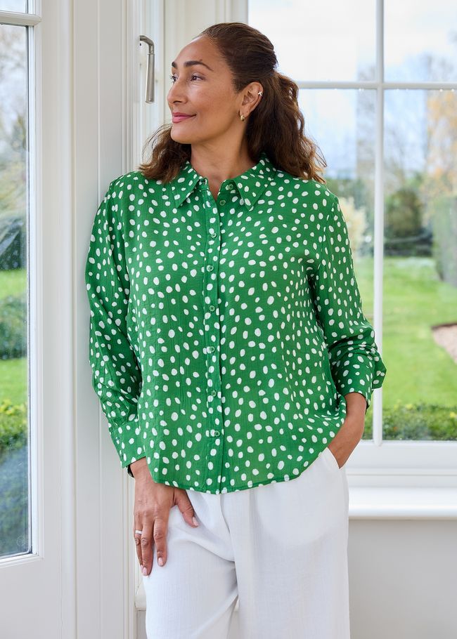 Smudge Spot Button Through Collar Shirt - Basil Green - front view