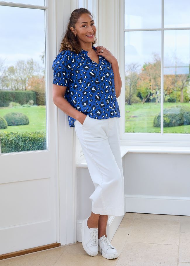 Leopard Smudge Frill Edge v Neck Blouse - Navy - side body view