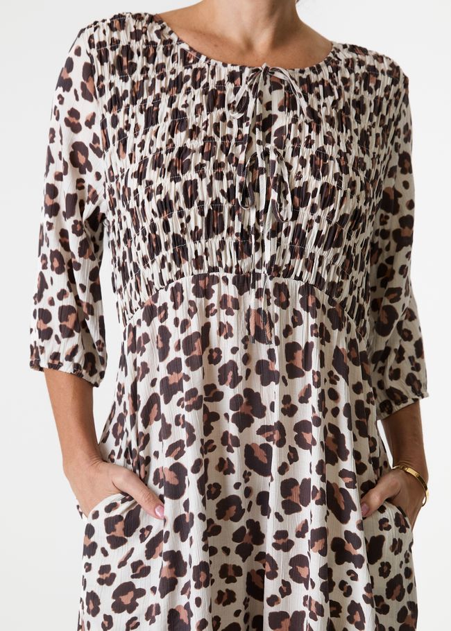 Leopard Smudge Shirred Tie Front Midi Dress - Ivory - general view