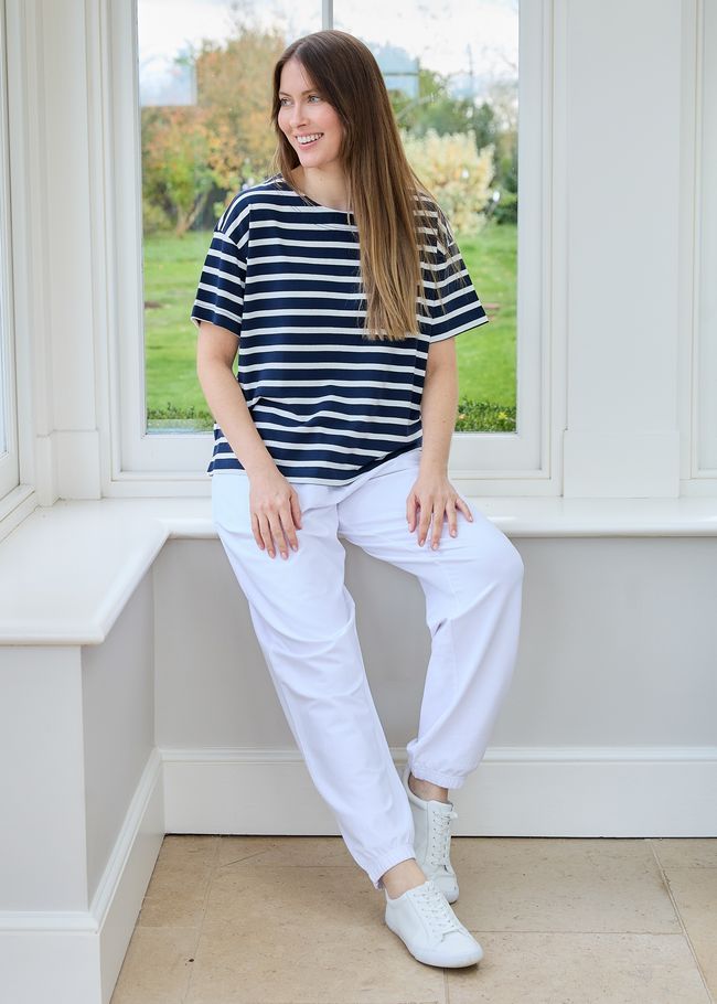 Elasticated Cuff Drawstring Joggers - White - front view