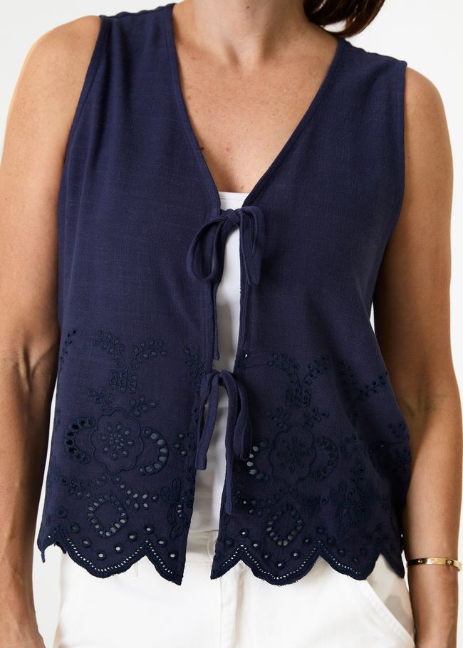 Linen Viscose Tie Front Broderie Vest Top - Navy - front view