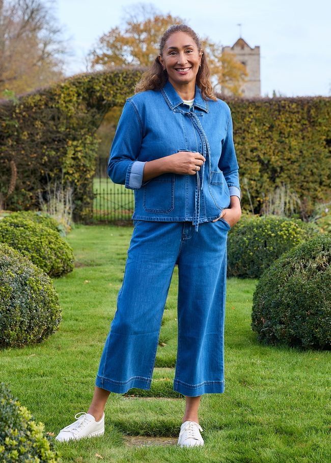 Denim Cropped Wide Leg Elastic Back Jean - Denim Blue - front view