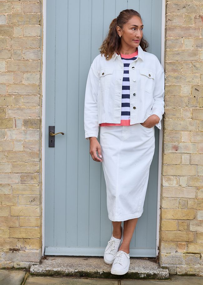 Cotton Twill Split Detail Midi Skirt - White - front view