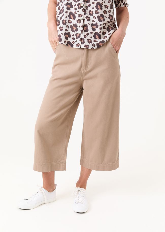 Cotton Twill Cropped Wide Leg Elasticated Back Jean - Stone - front view