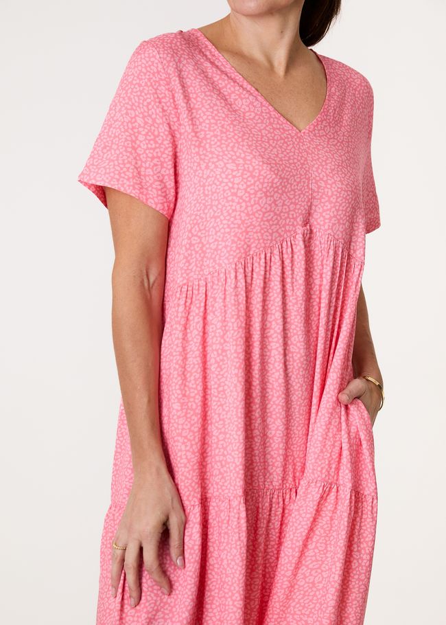 Mini Leopard Print Tiered Dress - Rose Pink - general view