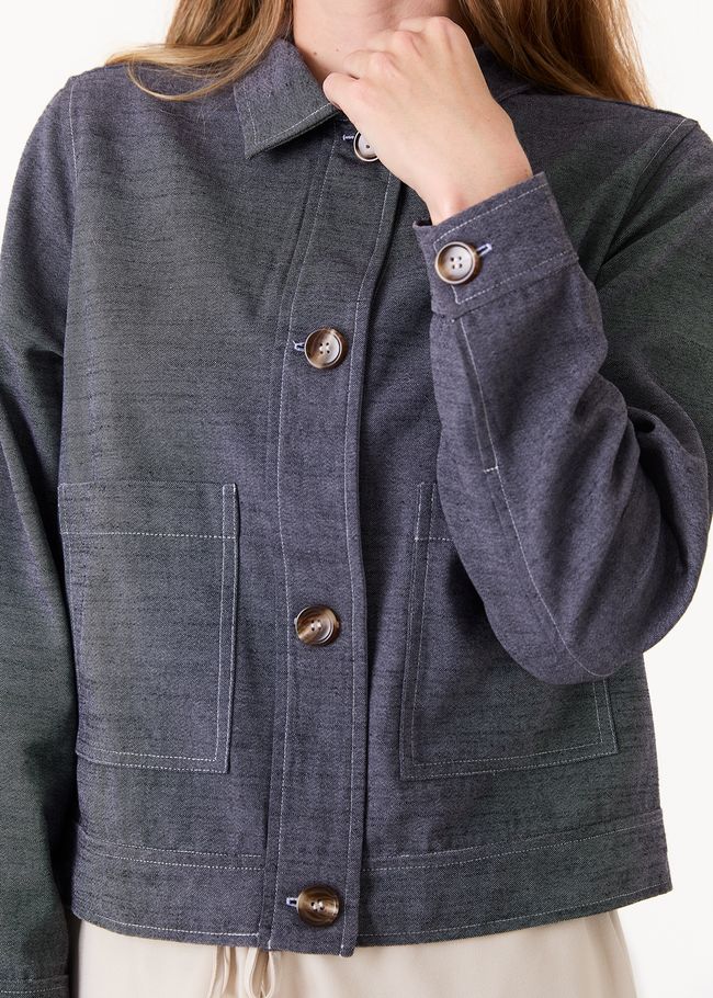 Cotton Blend Boxy Patch Pocket Collar Jacket - Navy - general view