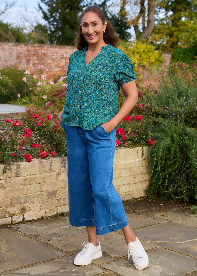 Ditsy Blossom Frill Edge v Neck Blouse - Navy - front view