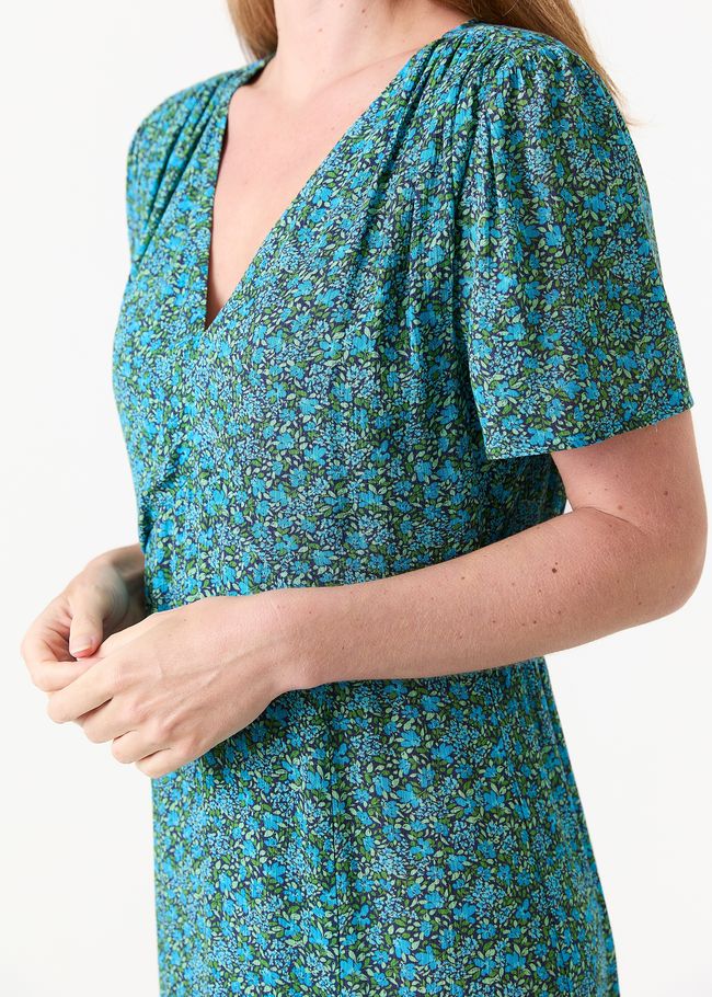 Ditsy Blossom Split Detail v Neck Midi Dress - Navy - general view