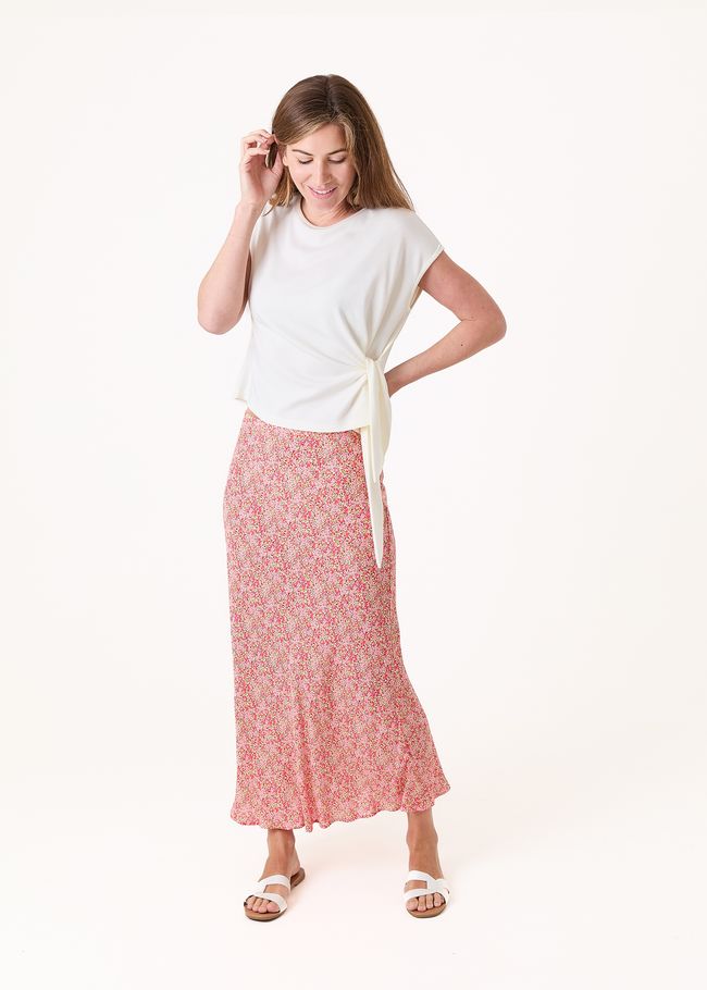 Ditsy Blossom Bias Cut Skirt - Coral - front view