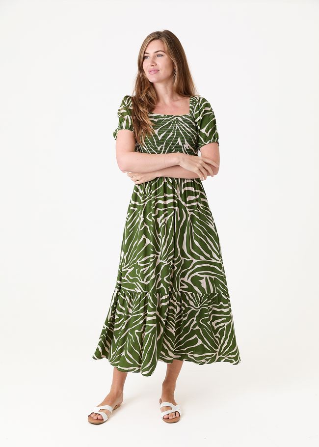 Mono Zebra Shirred Bodice Maxi Dress - Khaki - front view