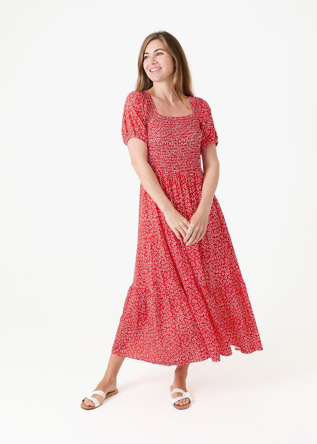 Mono Ditsy Shirred Bodice Maxi Dress - Poppy Red - front view