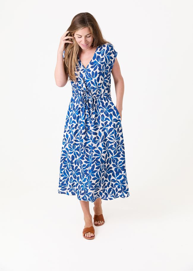 Mottled Mono Floral v Neck Drawstring Waist Dress - Navy - side body view