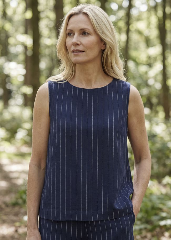 Linen Pinstripe Button Back Vest - Navy - front view
