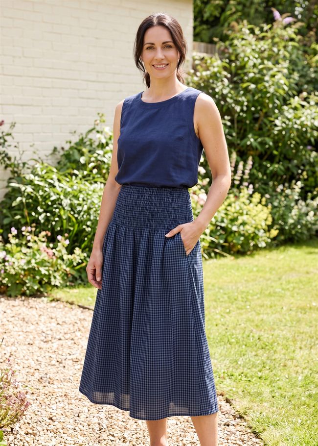 Gingham Check Shirred Skirt - Denim Blue - front view