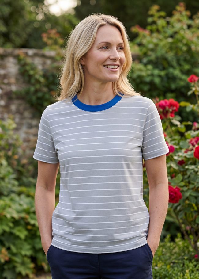 Thin Stripe Semi Fitted Short Sleeve T-Shirt - Stone - front view