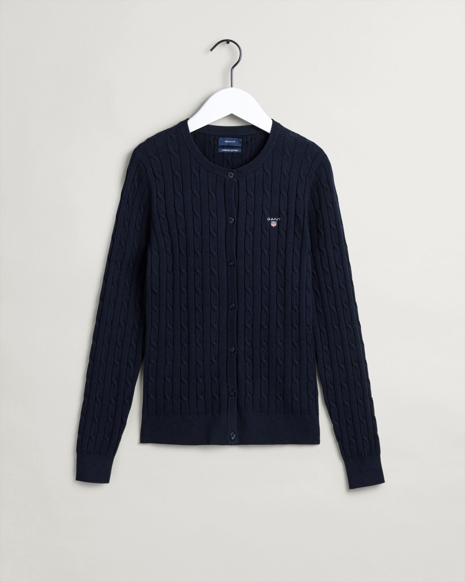 Kabelstrikket Cardigan i Bomulls-Stretch