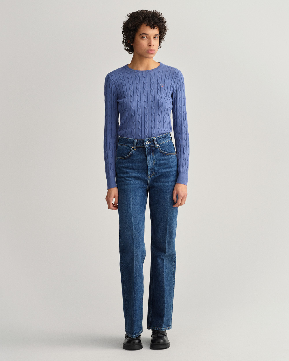 Stretch Cotton Cable Crew Neck Sweater