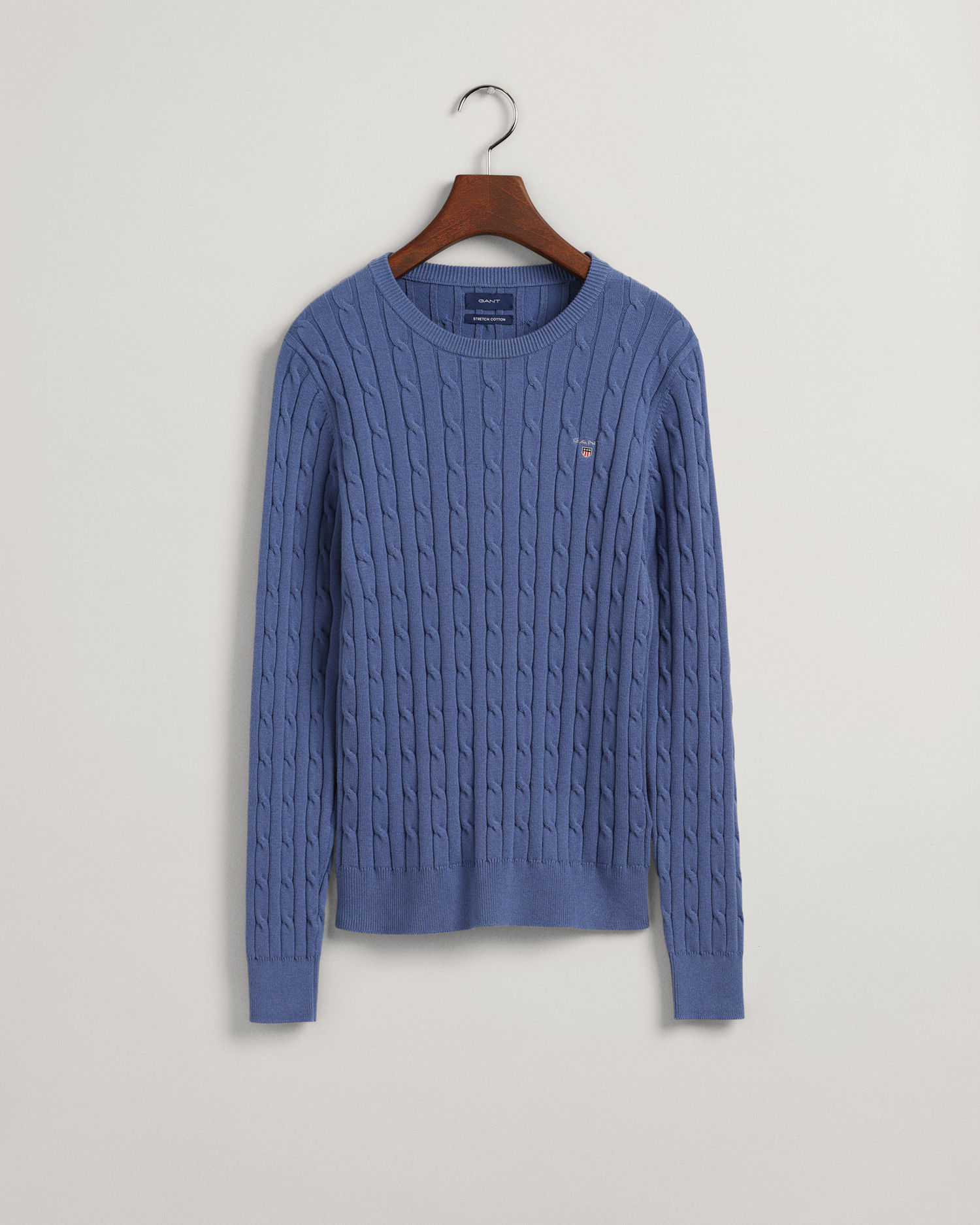 Stretch Cotton Cable Crew Neck Sweater