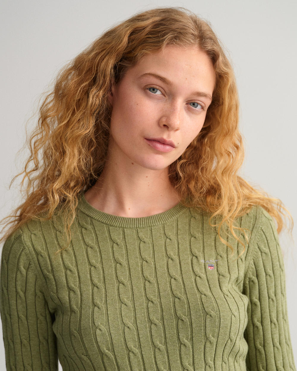 Stretch Cotton Cable Crew Neck Sweater