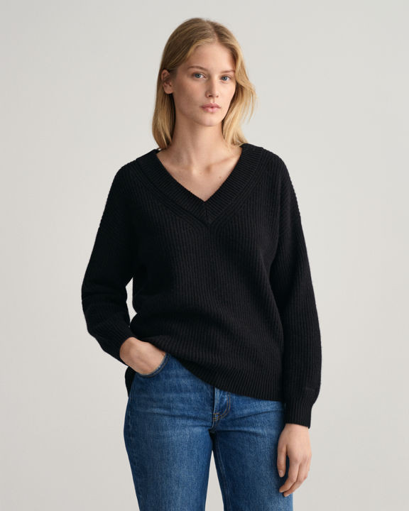 Wool Ribbed V-Neck Sweater