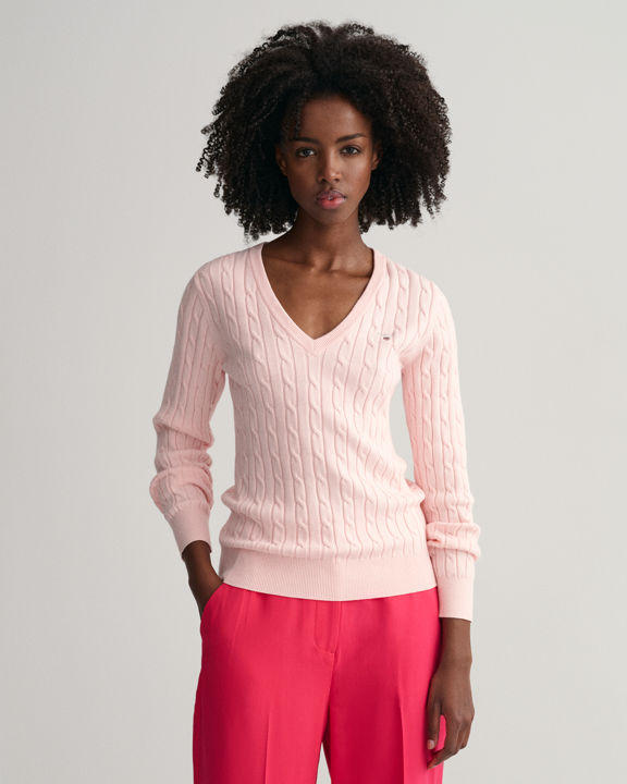 Stretch Cotton Cable V-Neck Sweater