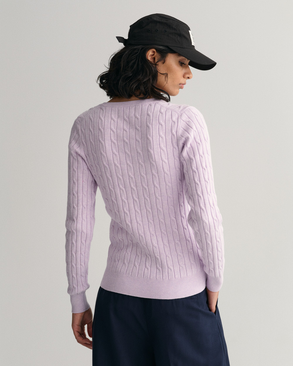 Stretch Cotton Cable V-Neck Sweater