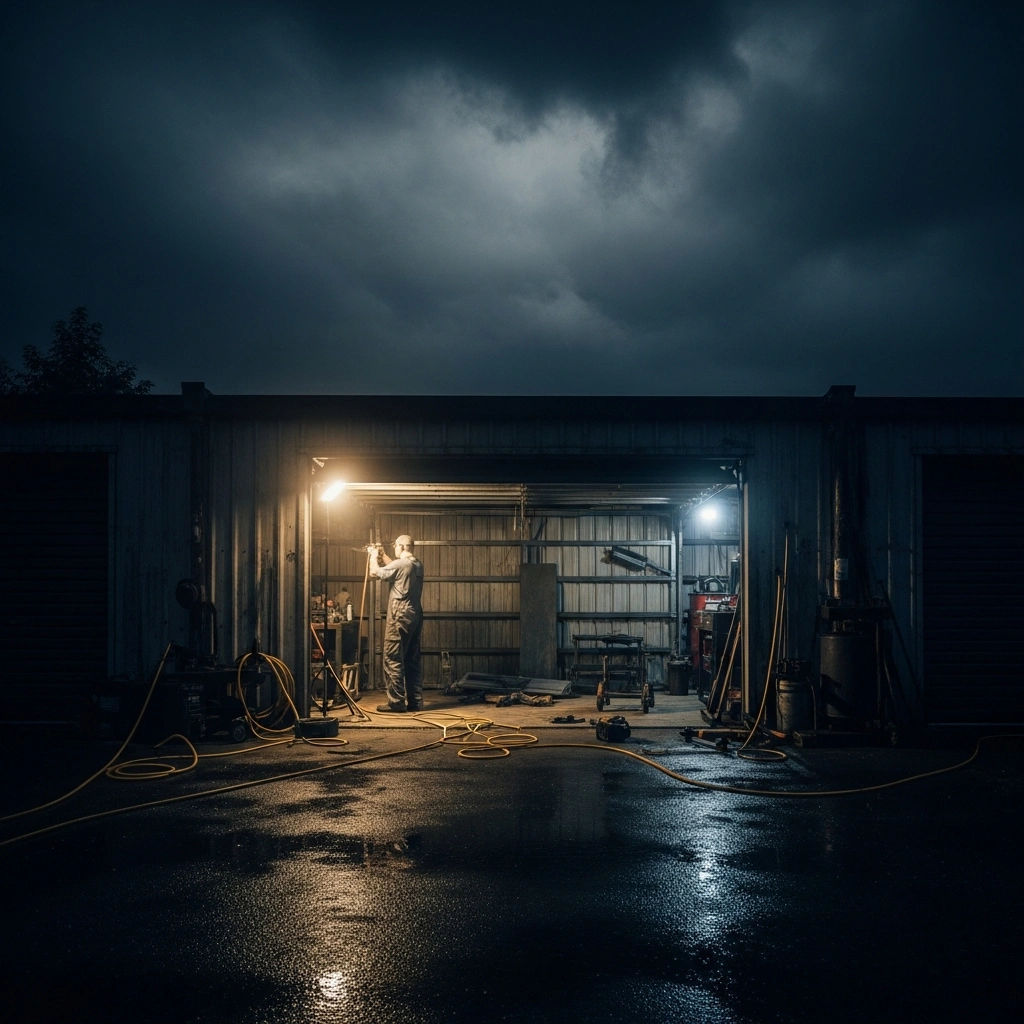 Mechanic working beneath a classic Volkswagen Beetle in a vintage garage setting.