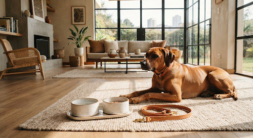 Dog lying on a rug in a bright Nairobi living room