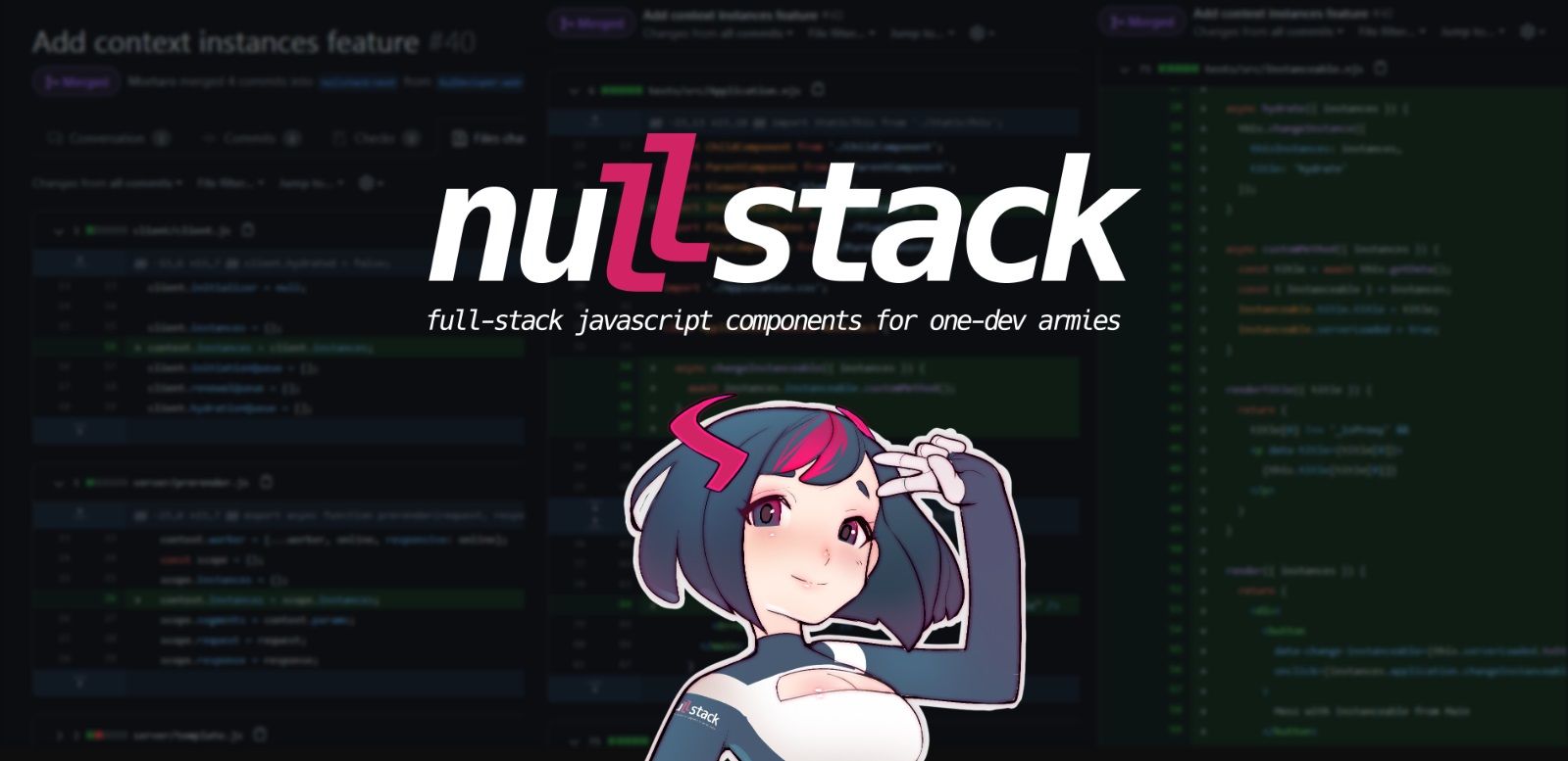 Banner contendo código embaçado ao fundo, logotipo do framework Javascript Nullstack e sua mascote, Nulla-chan, dizendo olá