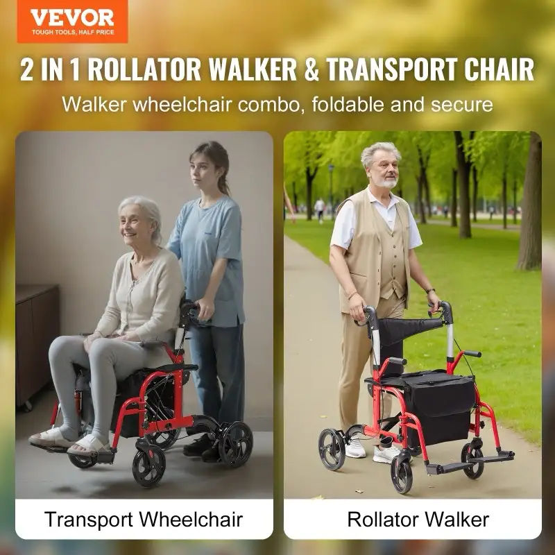 VEVOR 2 in 1 Rollator Walker & Transport Chair image 2