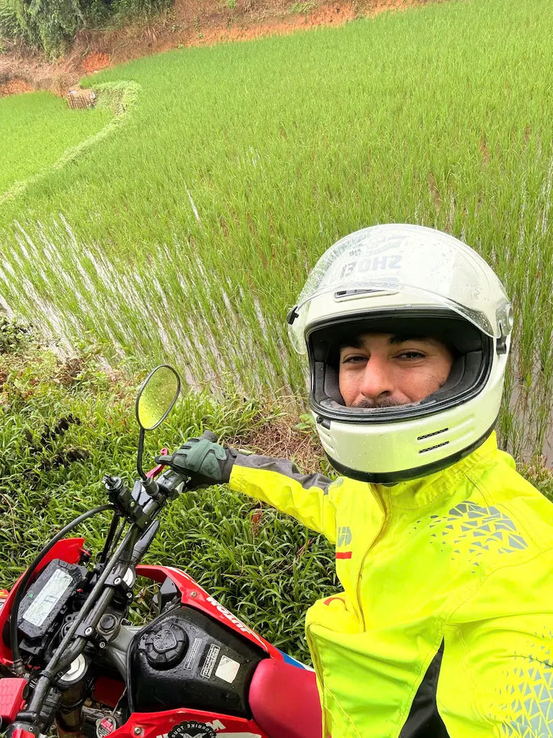 A Rider on rice fields riding off-road trails on CRF300 - Vietnamesemotorbiketours.com