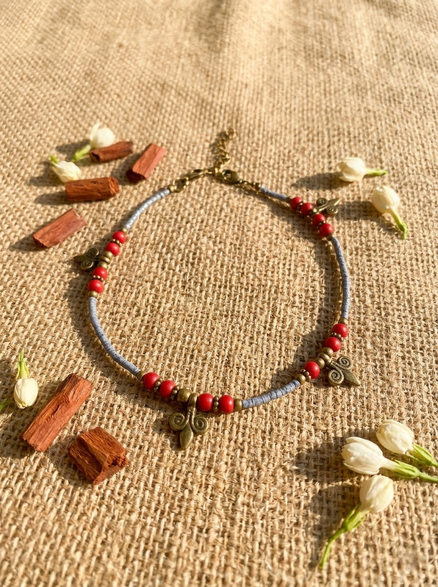 Beaded Loop Anklet — Cotton thread, beads, brass elements, Anklets — Jhōlâ