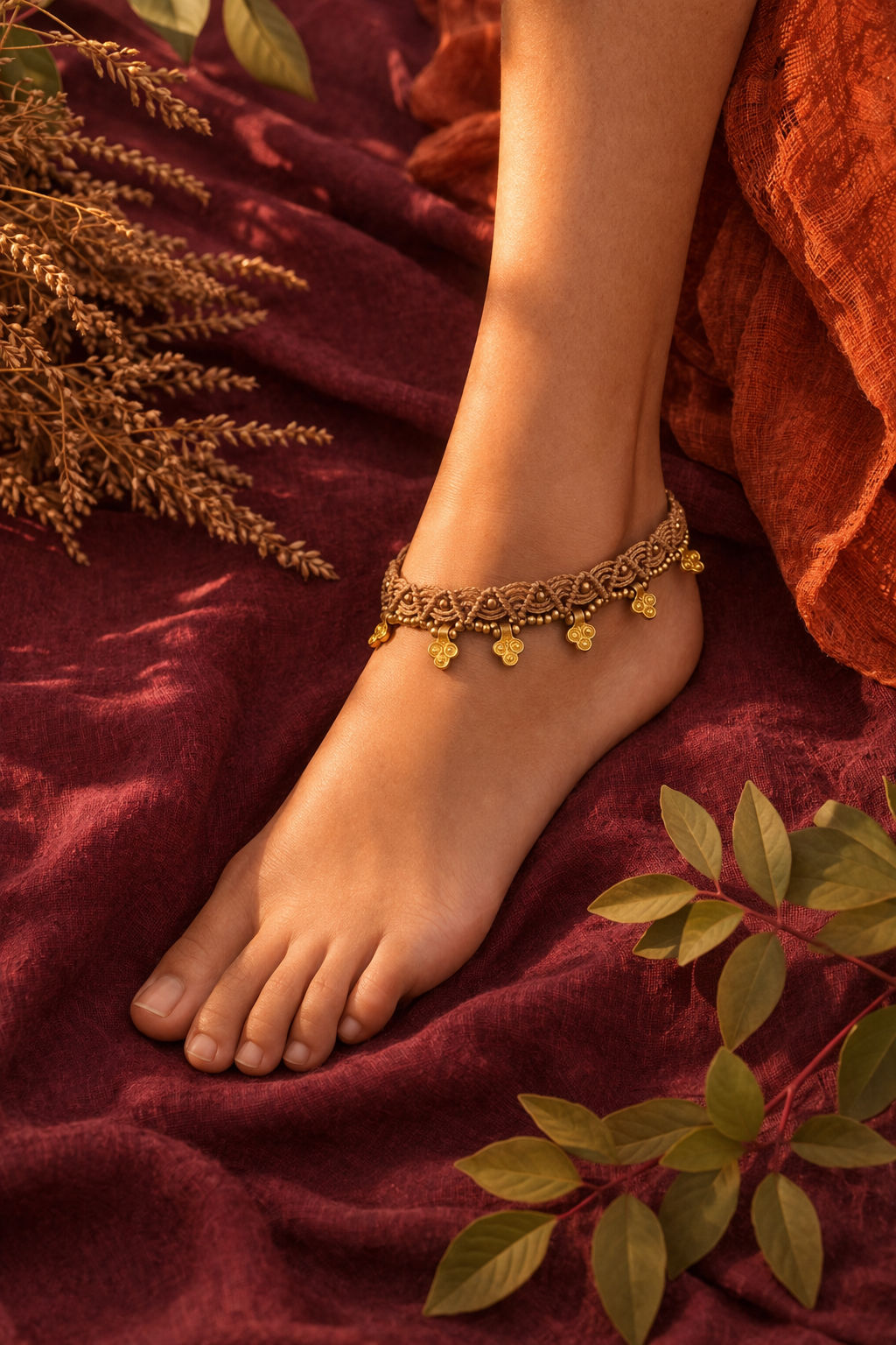 Rooted in Gold — Braided Anklet — Handwoven cotton thread, earth-toned metal beads, alloy charms, Anklets — Jhōlâ