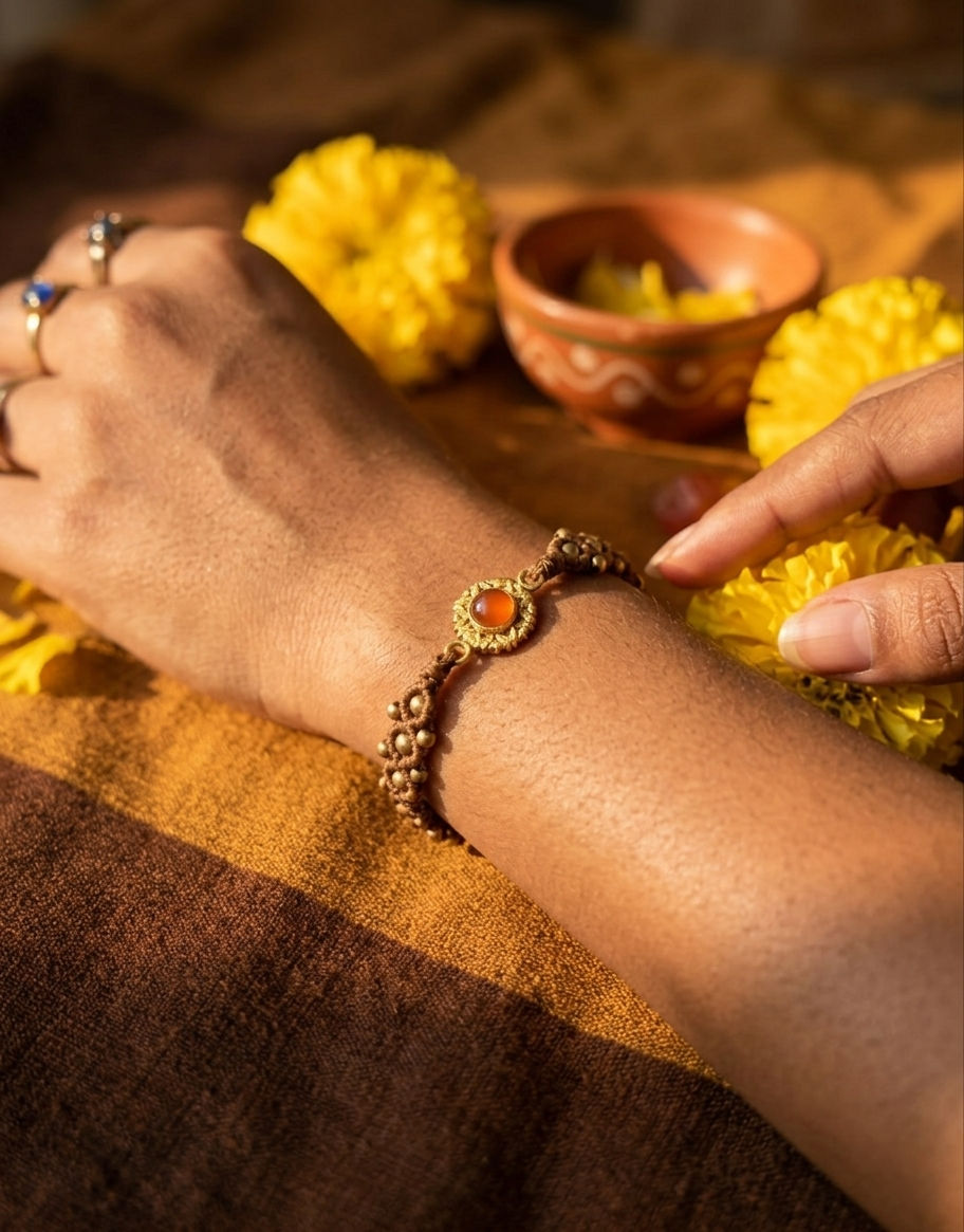 Sun Over Earth — Hand-braided cotton thread in sunlit earth tones, carnelian stone, metal frame, alloy accents, Bracelets — Jhōlâ