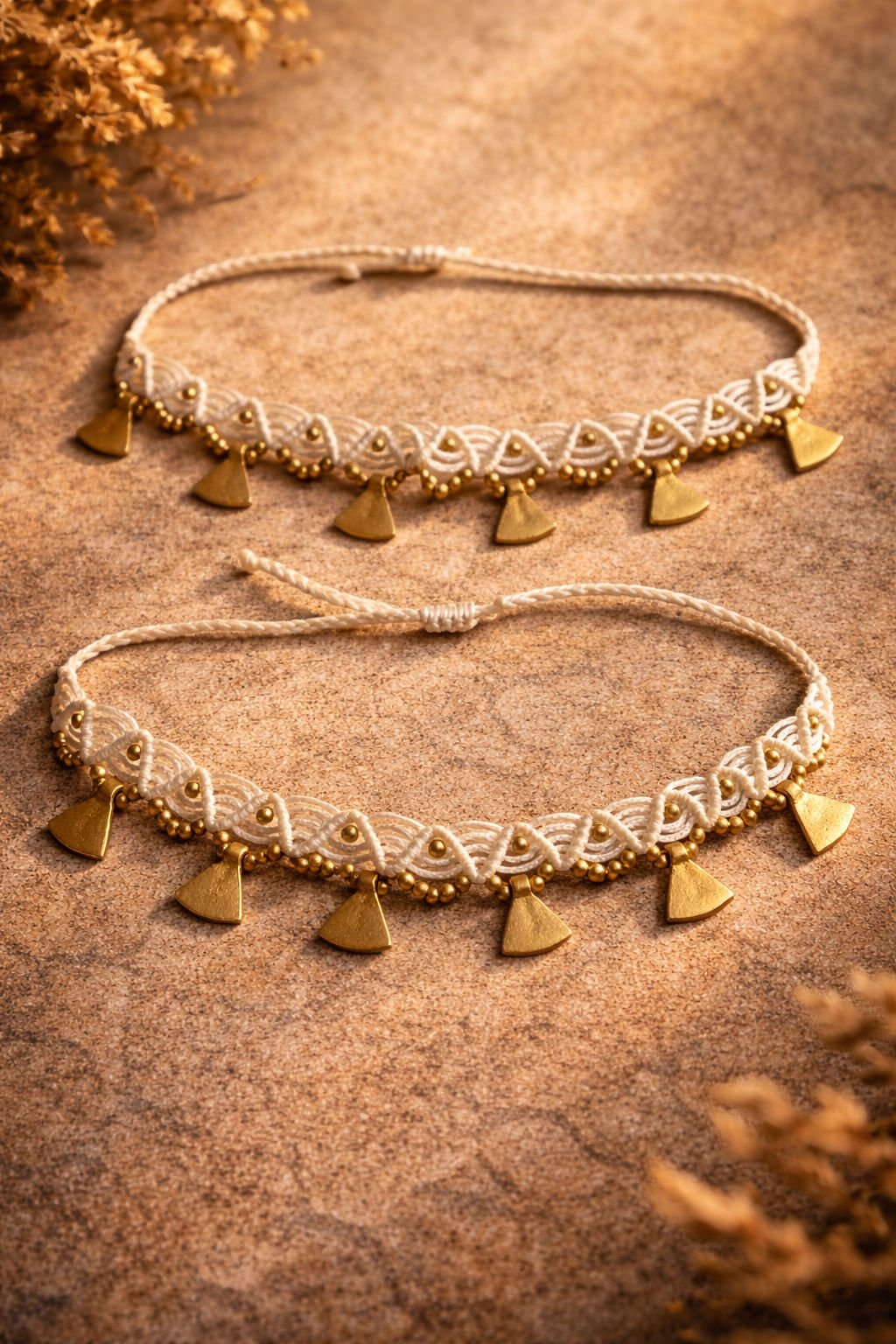 Sun & Sand — Braided Anklet — Hand-braided cotton thread, metal beads, alloy charms, Anklets — Jhōlâ