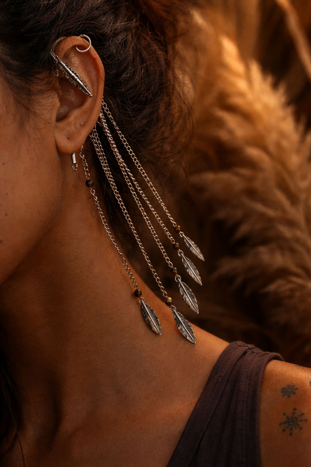 Wildfall — Alloy metal & Tiger eye beads, Earrings — Jhōlâ