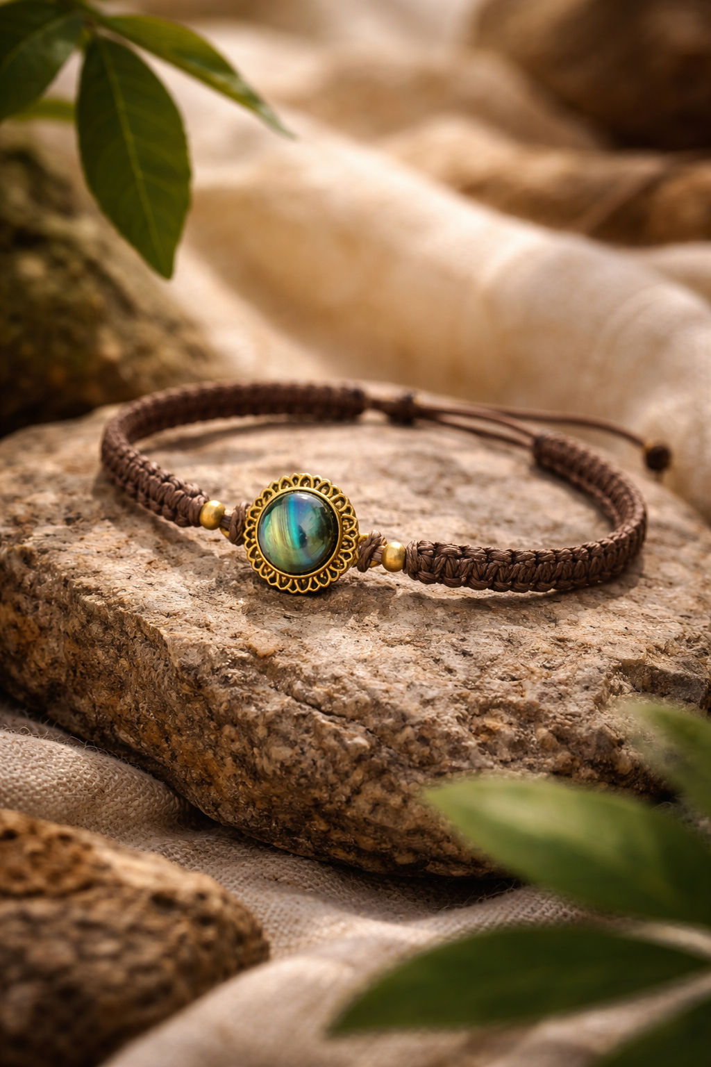 Eye in Bloom — Hand-braided cotton thread in Sunbaked Earth tones, stone centerpiece, metal frame, alloy accents, Bracelet — Jhōlâ