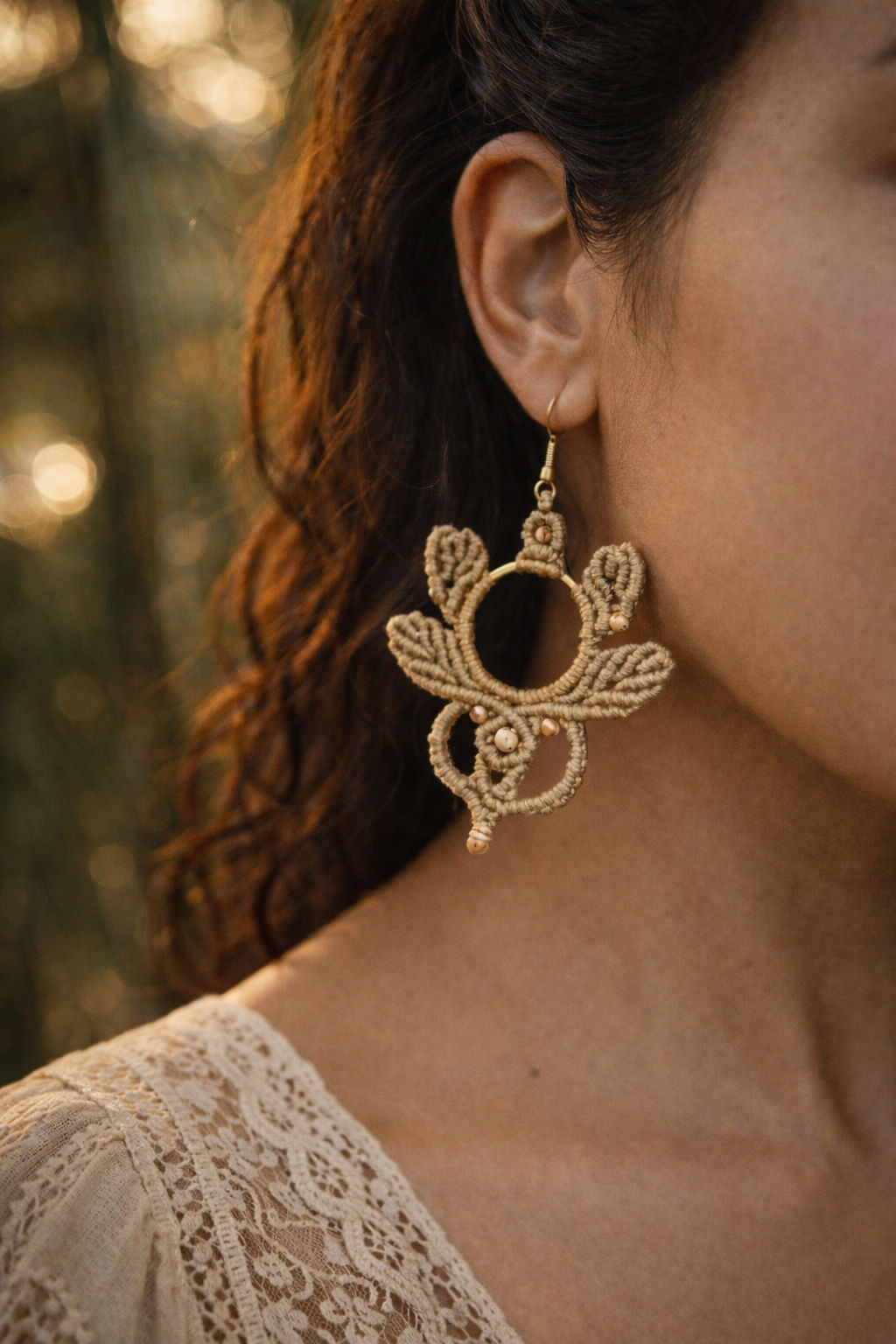Earthen Loop — Macrame made by using Cotton thread, brass beads and metal hook., Earrings — Jhōlâ