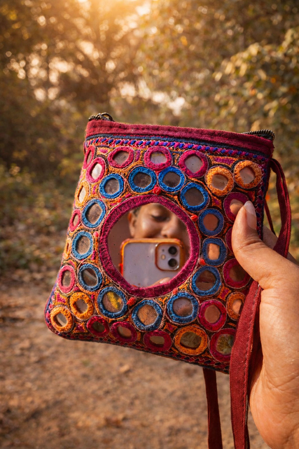 Aaina — Held in Reflection — Cotton fabric, mirror work, embroidery thread, metal zipper, Bags — Jhōlâ