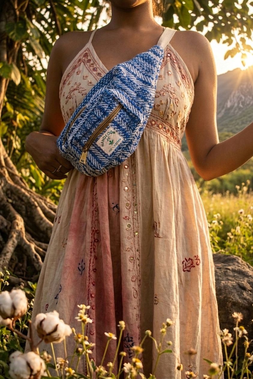 Antariksh — Woven Sling — Hemp, 3 metal zippers, adjustable cotton strap, sling bags — Jhōlâ