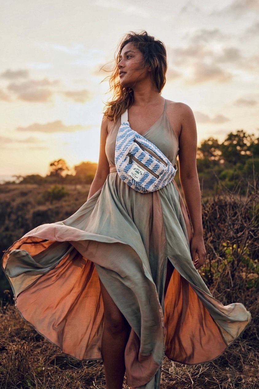 Akash — Woven Sling — Natural Hemp, 3 metal zippers, adjustable cotton strap, Sling bags — Jhōlâ