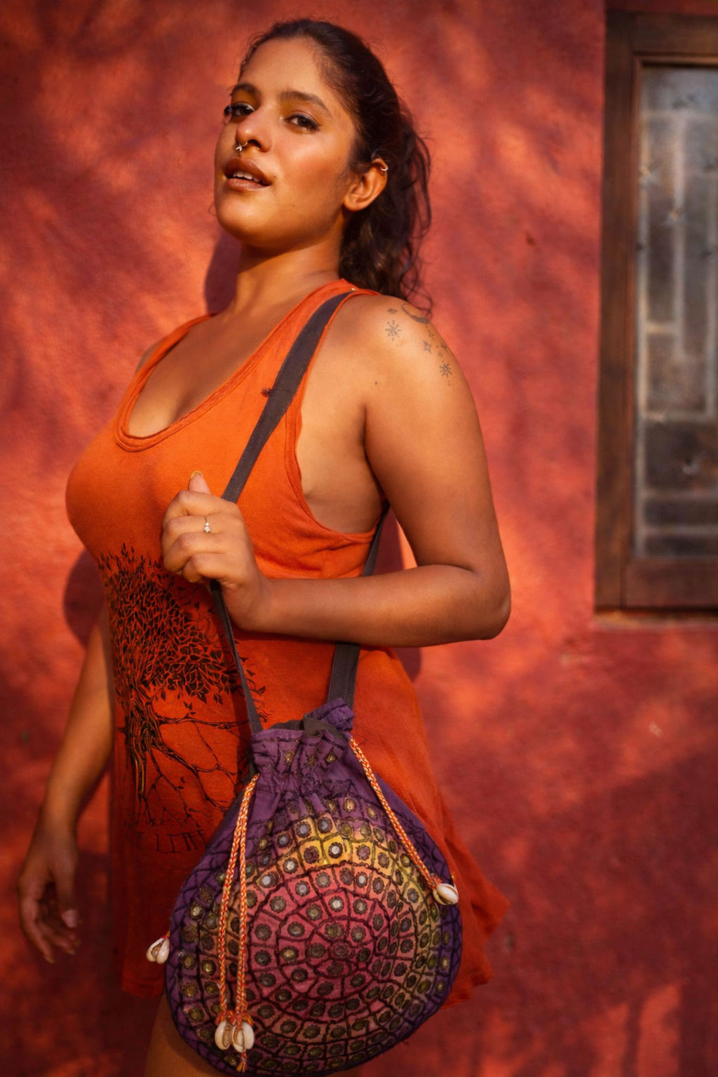 Blushing Dusk — Mandala Mirror Bag — Cotton fabric, mirror work, natural shells, hand tie-dye, Bags — Jhōlâ