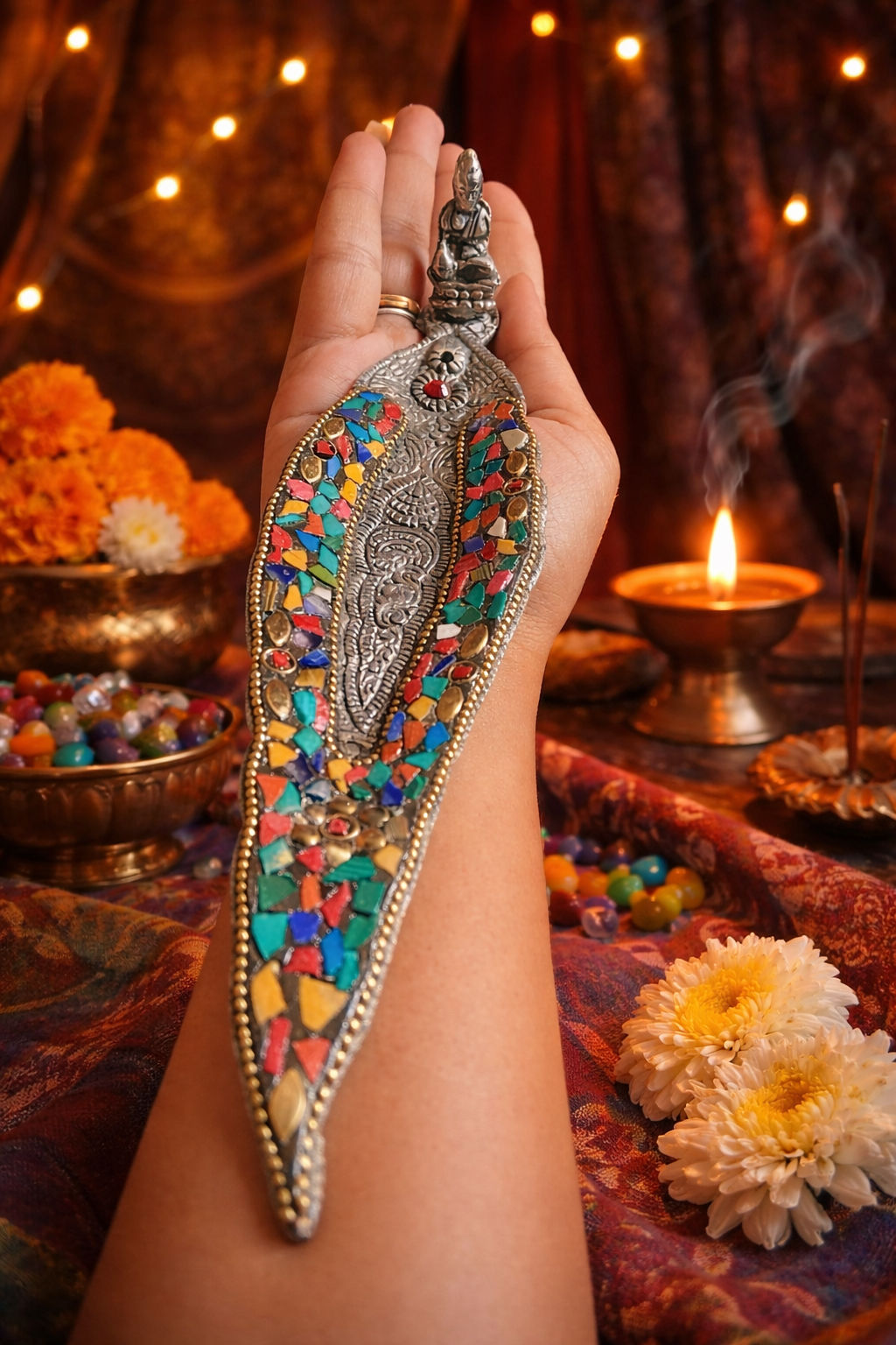 Sacred Awakening — Mosaic Incense Holder — Metal, Mosaic inlay, Crystal accents, Incense Holder — Jhōlâ