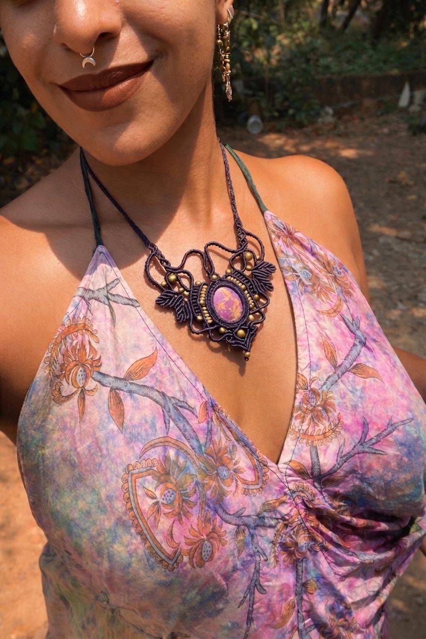 Andara — Indigo macrame cord intricately knotted around a natural jasper stone, paired with understated brass bead accents., necklaces — Jhōlâ