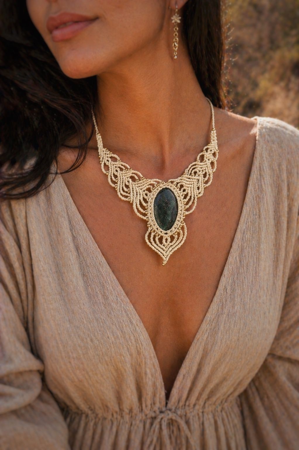 Meru — Cotton thread is structured around an aventurine stone and finished with brass and metal elements., necklaces — Jhōlâ