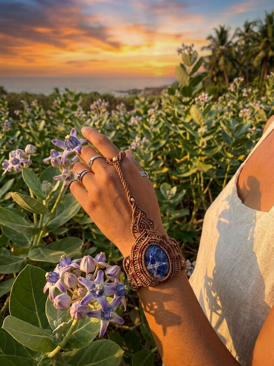 Astra — Hand-knotted cotton thread holds a natural sodalite stone at its center, finished with subtle metal links that bring structure to the piece., Haathphool — Jhōlâ