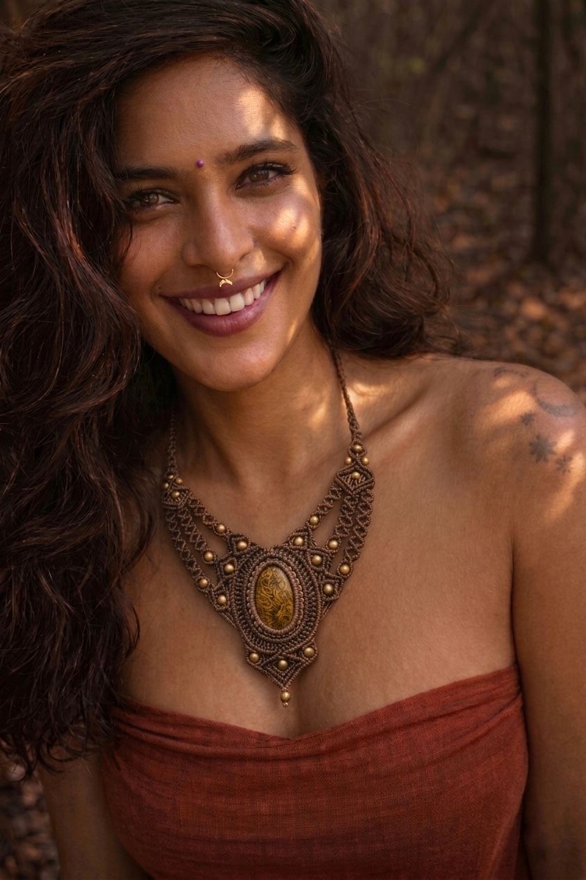 Ilara — Macrame cord intricately hand-knotted around a natural jasper stone, finished with subtle brass bead detailing., necklaces — Jhōlâ