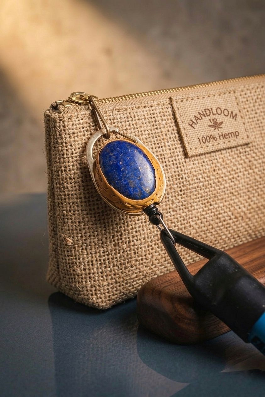 Rooh — Natural lapis stone set in metal casing, silicone lighter holder, and metal carabiner clip., Lighter Holders — Jhōlâ