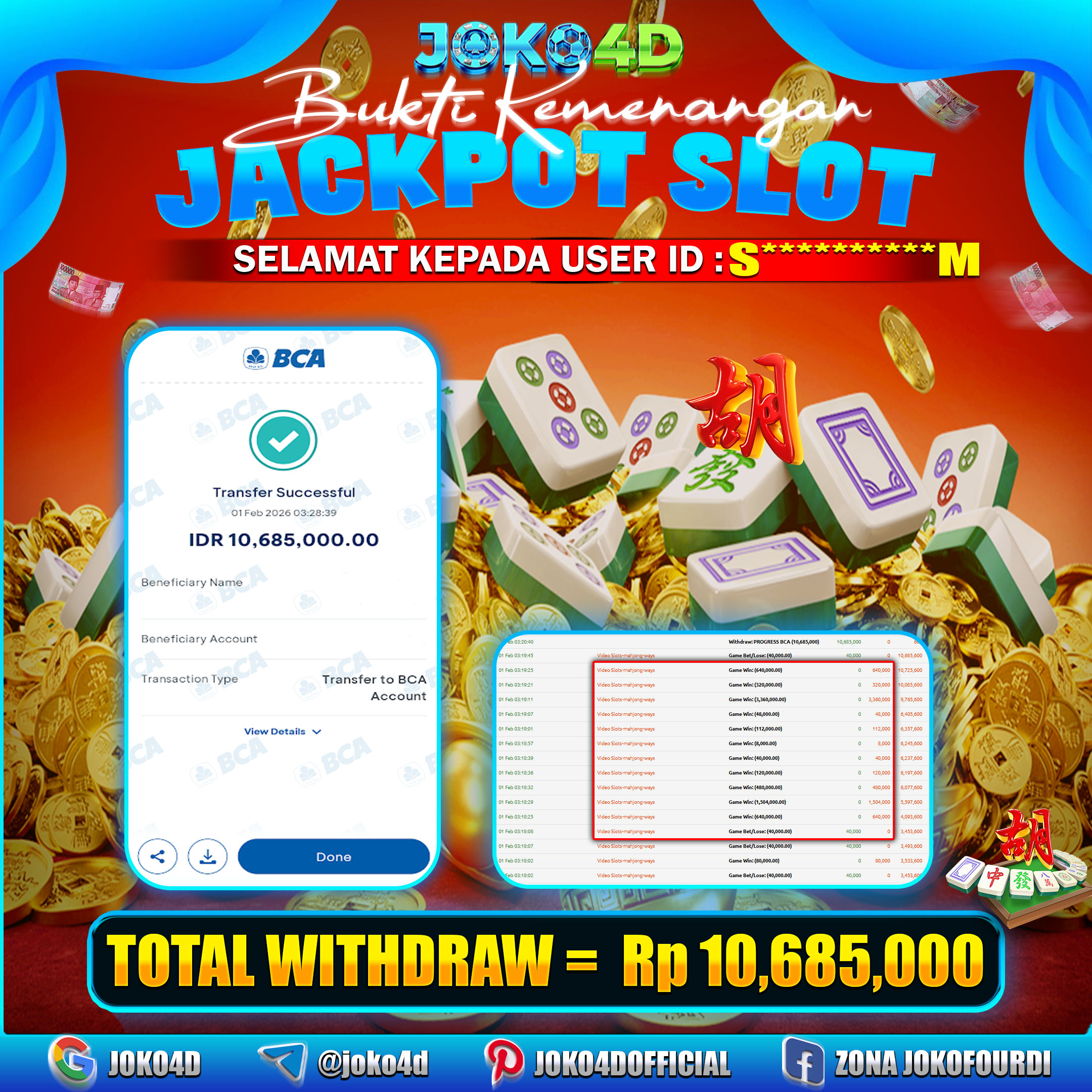 BUKTI KEMENANGAN JOKO4D 2026 DI GAME MAHJONG WAYS